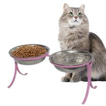 Comedouro Alto Pet Inox para Gatos Duplo Ração Agua Rosa