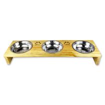 Comedouro Bebedouro Duplo Pet Madeira Elevado Cachorro Gato 3 Potes Madeira Clara