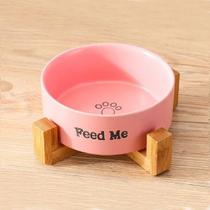 Comedouro de cerâmica com suporte de madeira para cães e gatos - Modelo Feed Me Rosa