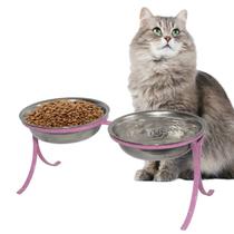 Comedouro Duplo Alto Inox Pet para Gatos Ração e Agua PetGang: Rosa - Gastrobel