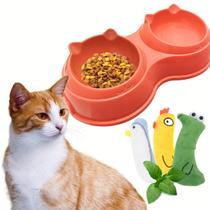 Comedouro Duplo com Brinquedo Para Gatos Pelúcia Catnip - Kit Gato
