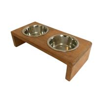 Comedouro Duplo Elevado de Madeira Inox Cachorro Gatos