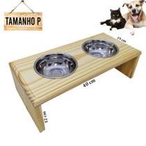 Comedouro Duplo Elevado Madeira X 2 Potes Inox Cães E Gatos