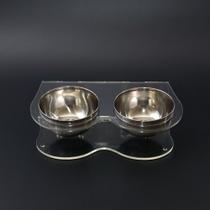 Comedouro Duplo para Pets em Acrílico Incolor Com Tigela em Inox- Ideal
