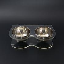 Comedouro Duplo para Pets em Acrílico Incolor Com Tigela em Inox - Ideal para ração e sachê