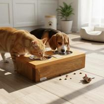 Comedouro Duplo Premium para Cães e Gatos Madeira Maciça e Potes em Inox DPau