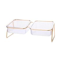 Comedouro Duplo Transparente Para Animais De Estimação Com Suporte Dourado, Alimentador De Ração E