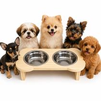 Comedouro Elevado Cachorro Cão Pequeno Porte 2 Potes Madeira e Inox