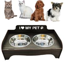 Comedouro Elevado Ergonômico Para Cão e Gato I Love My Pet Com Duas Tigelas Inox - MagicBox