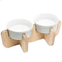 Comedouro Elevado Gato Duplo Ração Pet Porcelana 300ml Marrom Claro