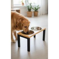 Comedouro Elevado Madeira Cães Gatos Duplo Inox 1L