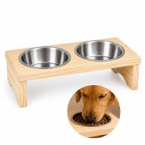 Comedouro elevado pet duplo com tigelas inox suporte madeira para caes gatos cachorros bebedouro luxo Comedouro elevado pet duplo com tigelas inox suporte madeira para caes gatos cachorros bebedouro luxo