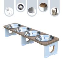 Comedouro Gato Pet Elevado Quadruplo Linear MDF - Inox