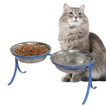 Comedouro Inox Duplo Alto Pet para Gatos Ração e Agua PetGang: Azul