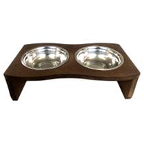 Comedouro Madeira Com 2 Potes Em Inox Para Pet Cachorro Gato