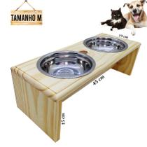 Comedouro Madeira Elevado C/ 2 Potes Inox Para Cães E Gatos Tamanho Médio