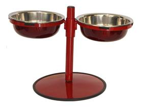 Comedouro Médio Duplo Inox Altura Ajustável Cachorro Vermelho