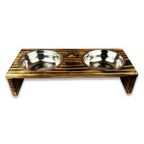 Comedouro P/ Gato Cachorro Pet Elevado Duplo 2 Potes Madeira Desenhada