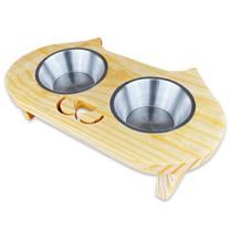 Comedouro Pet Bebedouro Madeira Gato Elevado 2 Pote Inox