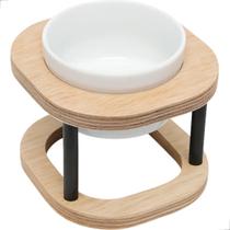 Comedouro Pet Simples M Duplo Em Madeira E Porcelana Marrom Claro