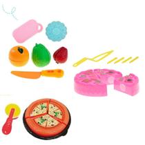 Comidinha de Brinquedo Crec Crec Infantil 20 peças frutinhas + pizza + bolo de aniversario