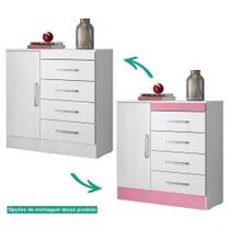 Comoda 04 Gavetas Montevideu Branco Rosa Flex Branco Rosa