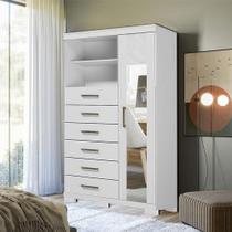 Comoda 1 Porta 6 Gavetas Marabá Com Espelho E Pés Branco Brilho - Santos Andirá