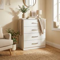 Cômoda 4 Gavetas Branca Alta Quarto Multiuso Infantil Solteiro Casal MDP Moderna Compacta Decorativa Cômoda 4 Gavetas Branca Alta Quarto Multiuso Infantil Solteiro Casal MDP Moderna Compacta Decorativa