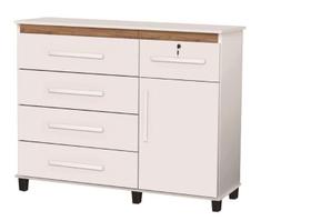 Cômoda 5 Gavetas Com Fechadura em Aço e Sapateira Cor Branco/Canelato Cômoda 5 Gavetas Com Fechadura em Aço e Sapateira Cor Branco/Canelato