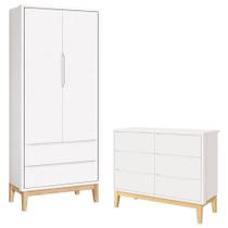 Cômoda 6 Gavetas E Guarda Roupa 2 Portas New Classic Branco Com Pés Madeira Natural- Reller