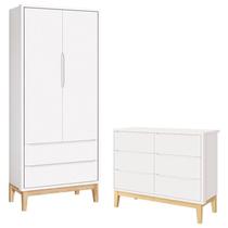 Cômoda 6 Gavetas e Guarda Roupa 2 Portas New Classic Branco com Pés Madeira Natural- Reller