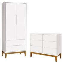 Cômoda 6 Gavetas e Guarda Roupa 2 Portas New Classic Branco com Pés Madeira - Reller