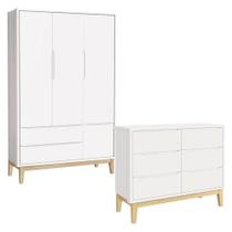 Cômoda 6 Gavetas E Guarda Roupa 3 Portas New Classic Branco Com Pés Madeira Natural - Reller Cômoda 6 Gavetas E Guarda Roupa 3 Portas New Classic Branco Com Pés Madeira Natural - Reller
