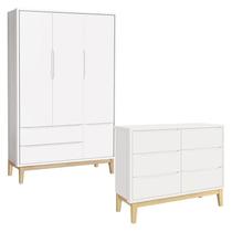 Cômoda 6 Gavetas e Guarda Roupa 3 Portas New Classic Branco com Pés Madeira Natural Reller Cômoda 6 Gavetas e Guarda Roupa 3 Portas New Classic Branco com Pés Madeira Natural Reller