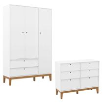 Cômoda 6 Gavetas E Guarda Roupa Unique 3 Portas Branco Soft Eco Wood - Matic