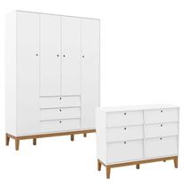 Cômoda 6 Gavetas e Guarda Roupa Unique 4 Portas Branco Soft Eco Wood - Matic Cômoda 6 Gavetas e Guarda Roupa Unique 4 Portas Branco Soft Eco Wood - Matic