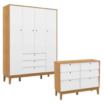 Cômoda 6 Gavetas E Guarda Roupa Unique 4 Portas Freijó Branco Soft Eco Wood - Matic