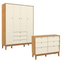 Cômoda 6 Gavetas e Guarda Roupa Unique 4 Portas Freijó Off White Eco Wood - Matic