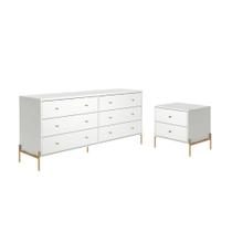 Cômoda 6 Gavetas e Mesa de Cabeceira Jasper Branco Dourado Cômoda 6 Gavetas e Mesa de Cabeceira Jasper Branco Dourado