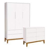 Cômoda 6 Portas e Guarda Roupa Infantil 3 Portas New Classic Branco Acetinado com Pés Madeira - Reller