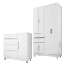 Cômoda 8000 e Guarda Roupa Solteiro 2260 Branco Brilho Flex com Pés - Araplac