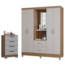Cômoda 867 4 Gavetas Com Guarda Roupa Solteiro Córdoba 4 Portas Castanho Off White - Poquema