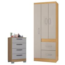 Cômoda 867 4 Gavetas com Guarda Roupa Solteiro Milão 3 Portas Damasco Off White - Poquema