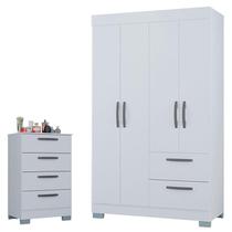 Cômoda 867 4 Gavetas e Guarda Roupa Solteiro Tóquio 4 Portas Branco Brilho - Poquema