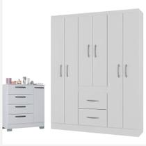 Cômoda 868 4 Gavetas E 1 Porta Com Guarda Roupa Casal Milão 6 Portas Branco Brilho - Poquema