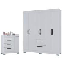 Cômoda 868 4 Gavetas e 1 Porta com Guarda Roupa Casal Tóquio 6 Portas Branco Brilho - Poquema