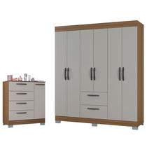 Cômoda 868 4 Gavetas e 1 Porta com Guarda Roupa Casal Tóquio 6 Portas Castanho Off White - Poquema Cômoda 868 4 Gavetas e 1 Porta com Guarda Roupa Casal Tóquio 6 Portas Castanho Off White - Poquema