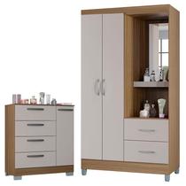 Cômoda 868 4 Gavetas e 1 Porta com Guarda Roupa Solteiro Córdoba 2 Portas Castanho Off White - Poquema