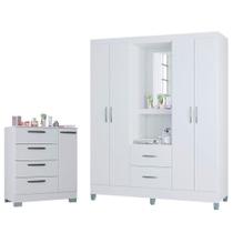 Cômoda 868 4 Gavetas E 1 Porta Com Guarda Roupa Solteiro Córdoba 4 Portas Branco Brilho - Poquema