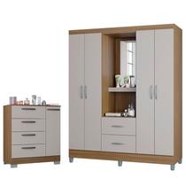 Cômoda 868 4 Gavetas e 1 Porta com Guarda Roupa Solteiro Córdoba 4 Portas Castanho Off White - Poquema Cômoda 868 4 Gavetas e 1 Porta com Guarda Roupa Solteiro Córdoba 4 Portas Castanho Off White - Poquema